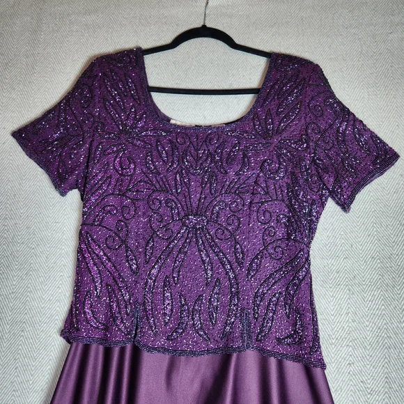 Vintage Stenay Plum Purple Glass Beaded 100% Silk Maxi Dress Womens Size 14 - Picture 2 of 15